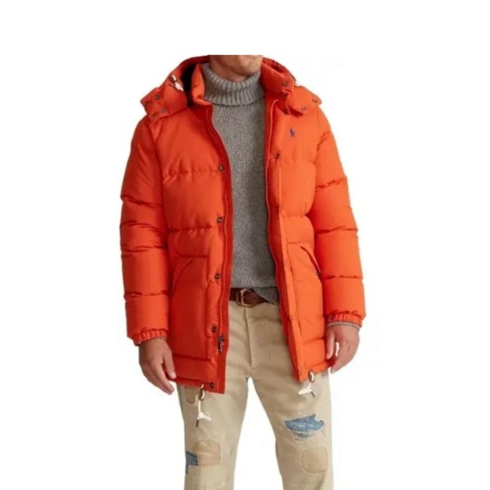 Polo Ralph Lauren Orange Water Repellent Hooded Pony Down Puffer Coat Jacket NWT